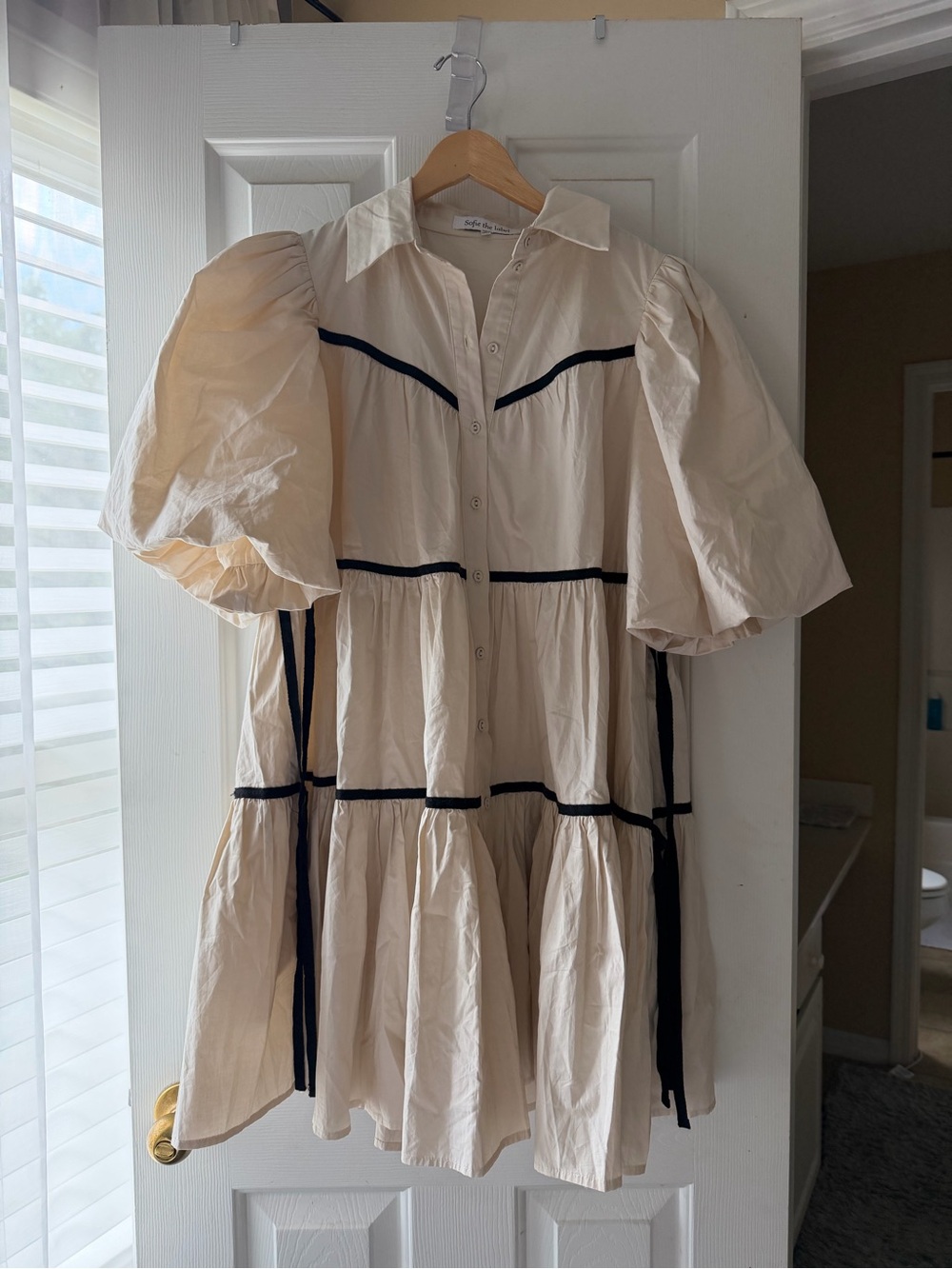 Puff-Sleeve Tiered Mini Dress in Cream with Black Trim